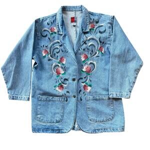 Sun Belt Denim Jacket Floral Hand Painted Vintage 90s‎ Blazer Women Size Medium